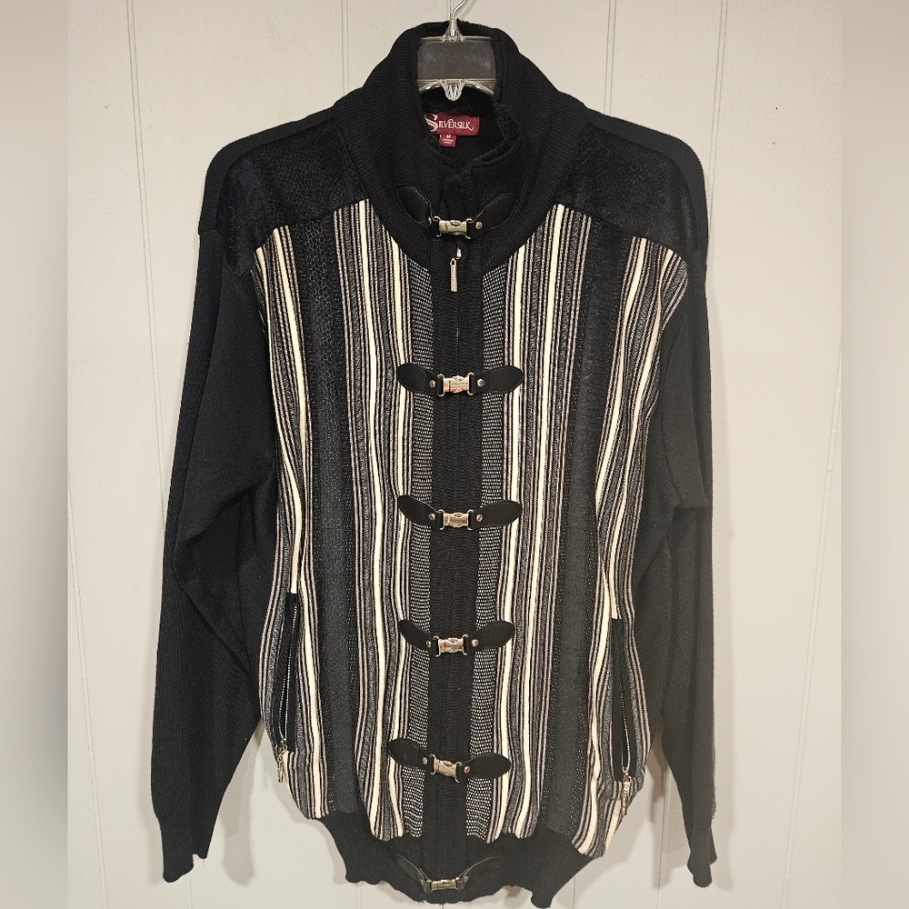 SILVERSILK Men's Medium Heavy Black Sweater Jacket Metal Buckles Zip Pockets